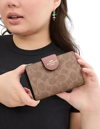 Coach Medium Corner Zip Wallet In Signature Canvas Tan Pink Petal 02 Large